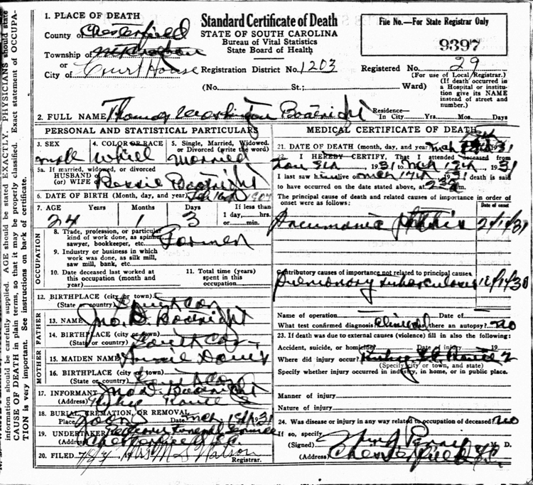 Thomas Washington Boatwright Death Certificate: