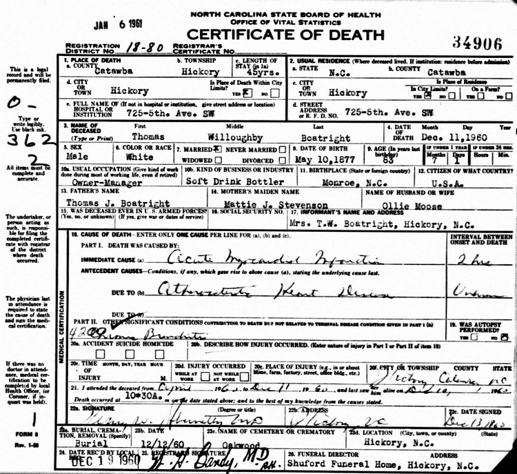 Thomas Willoughby Boatright Death Certificate:
