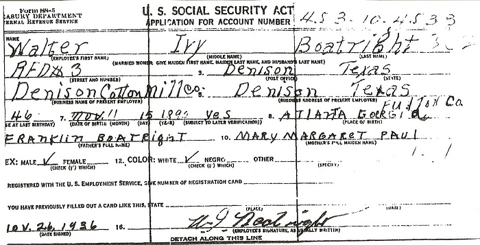 Walter Ivy Boatright Social Security Application: