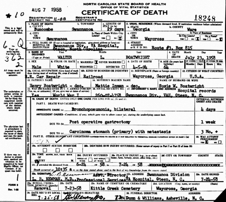 Walter L. Boatwright Death Certificate: