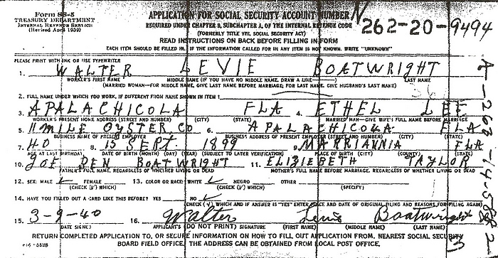 Walter Levi Boatwright Social Security Application: