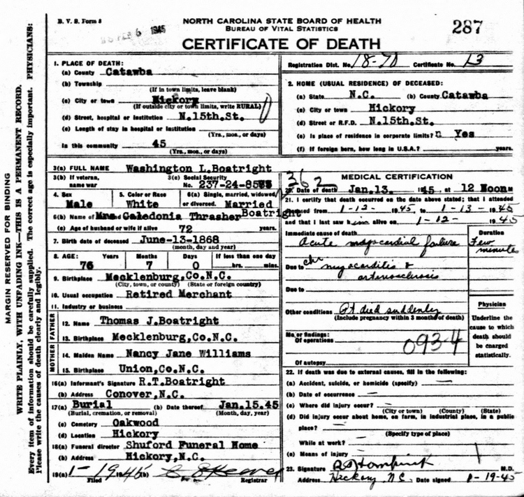 Washington Leander Boatright Death Certificate: