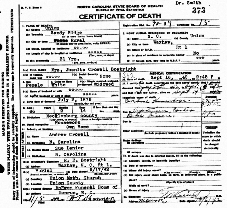 Waunetta Crowell Boatright Death Certificate: