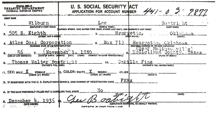 Wilburn Lee Boatright Social Security Application: