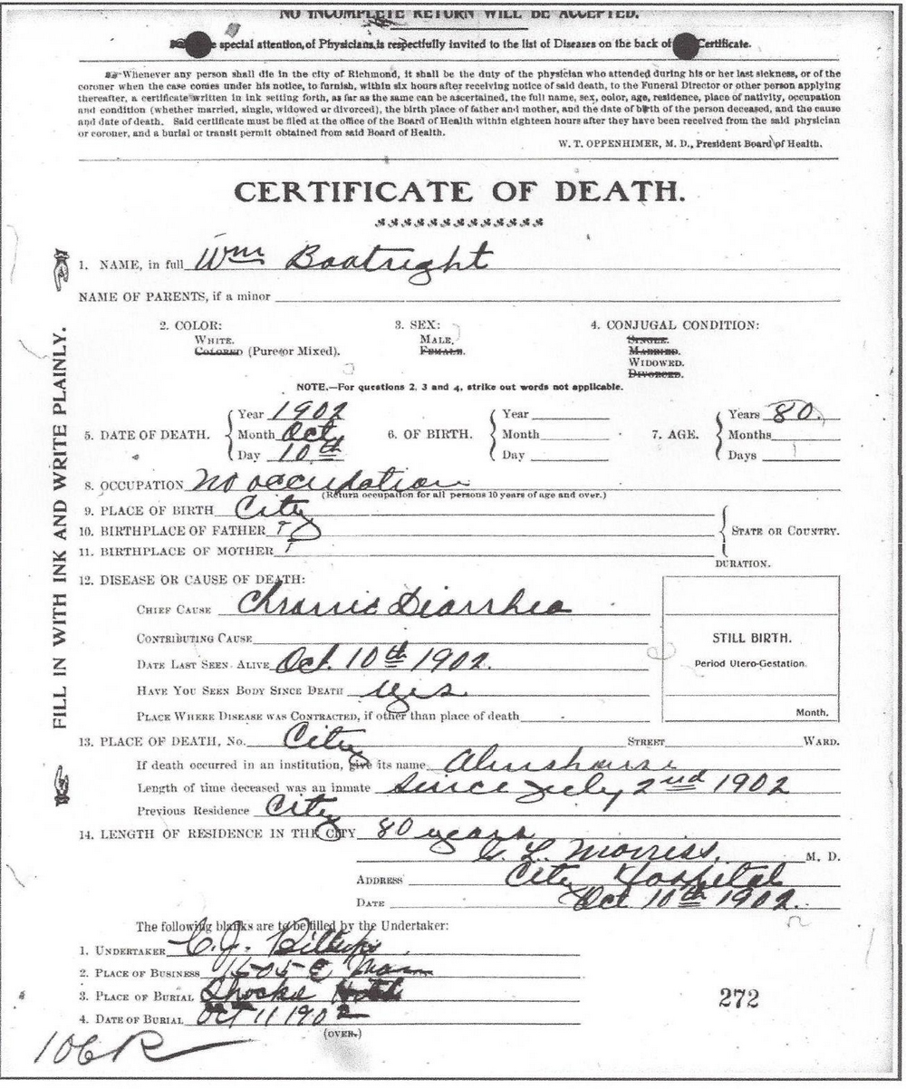 William Bryan Bootwright Death Certificate: