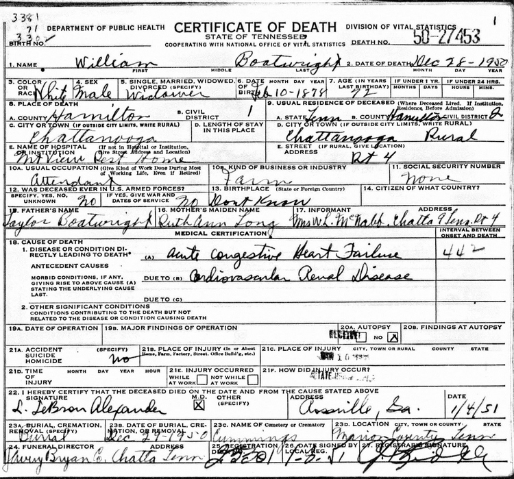 William Boatwright Death Certificate: