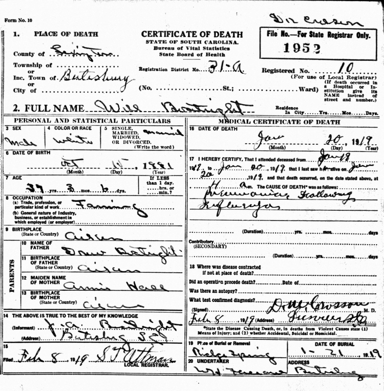 William Boatwright Death Certificate: