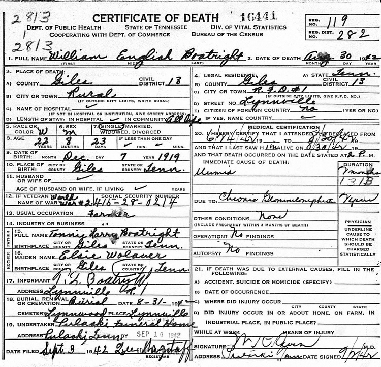 William English Boatright Death Certificate: