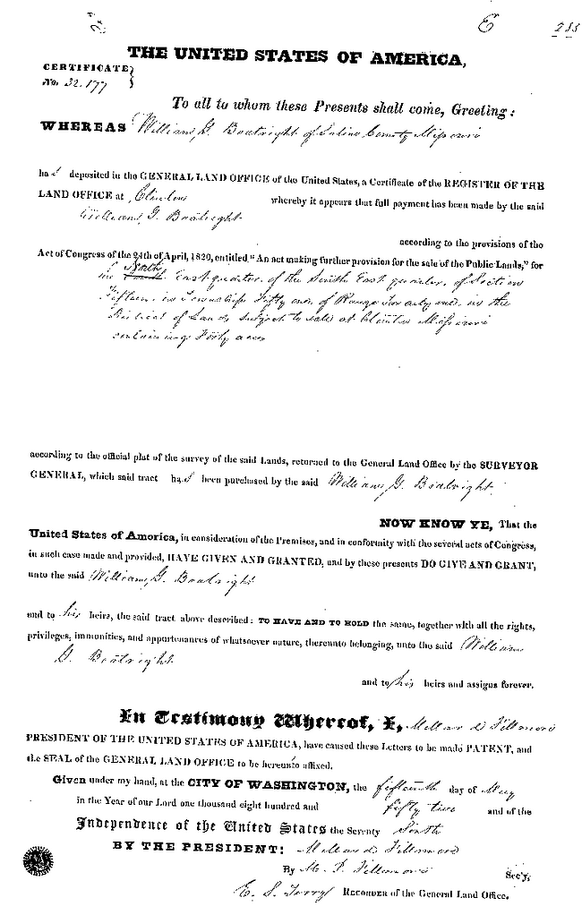 William Greene Boatright Land Office Record 1852: