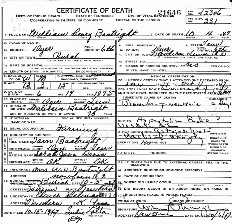 William Henry Boatwright Death Certificate:
