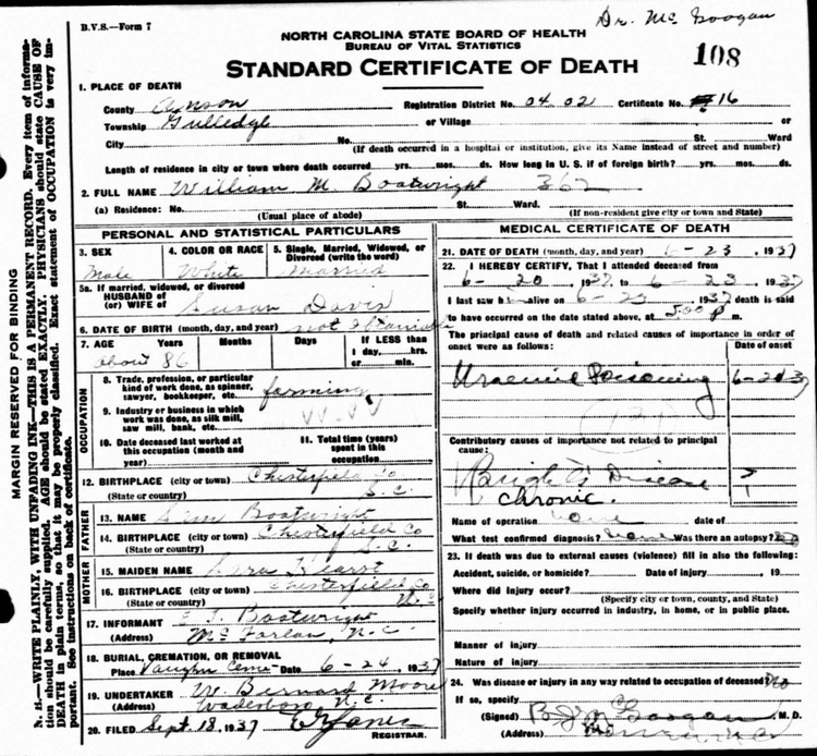 William Manly Boatwright Death Certificate:
