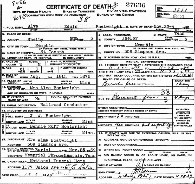 Alva Edwin Boatwright Death Certificate: