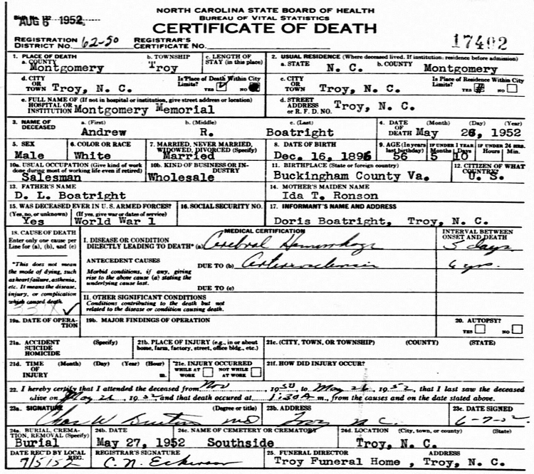 Andrew Rex Boatwright Death Certificate: