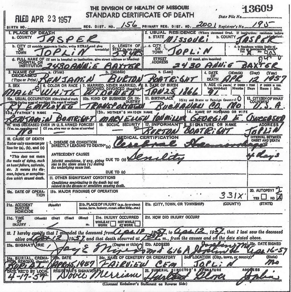 Benjamin Berton Boatright Death Certificate: