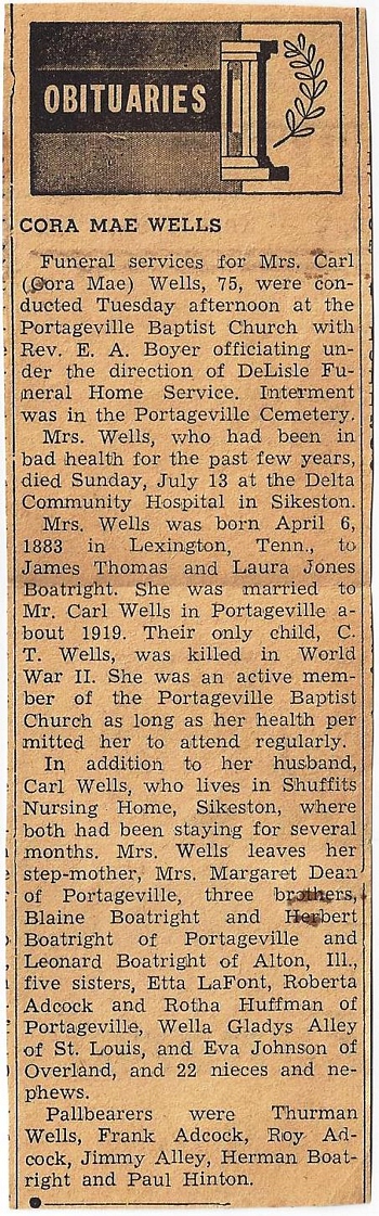 Cora Mae Boatright Wells Obit
