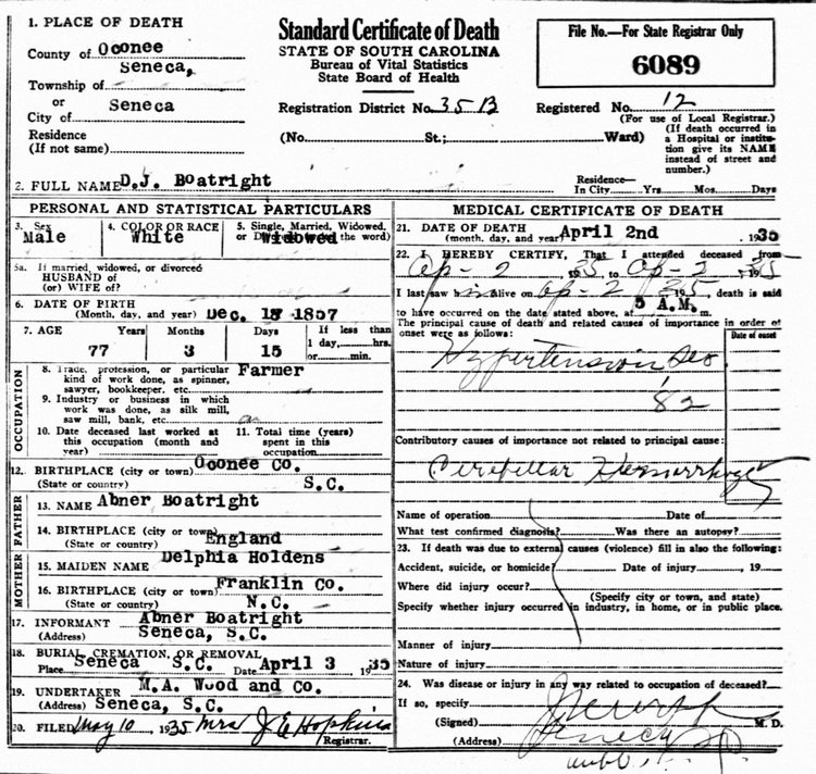 Devereau Jarrett Boatright Death Certificate: