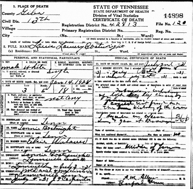 Lewis Lowery Boatright Death Certificate