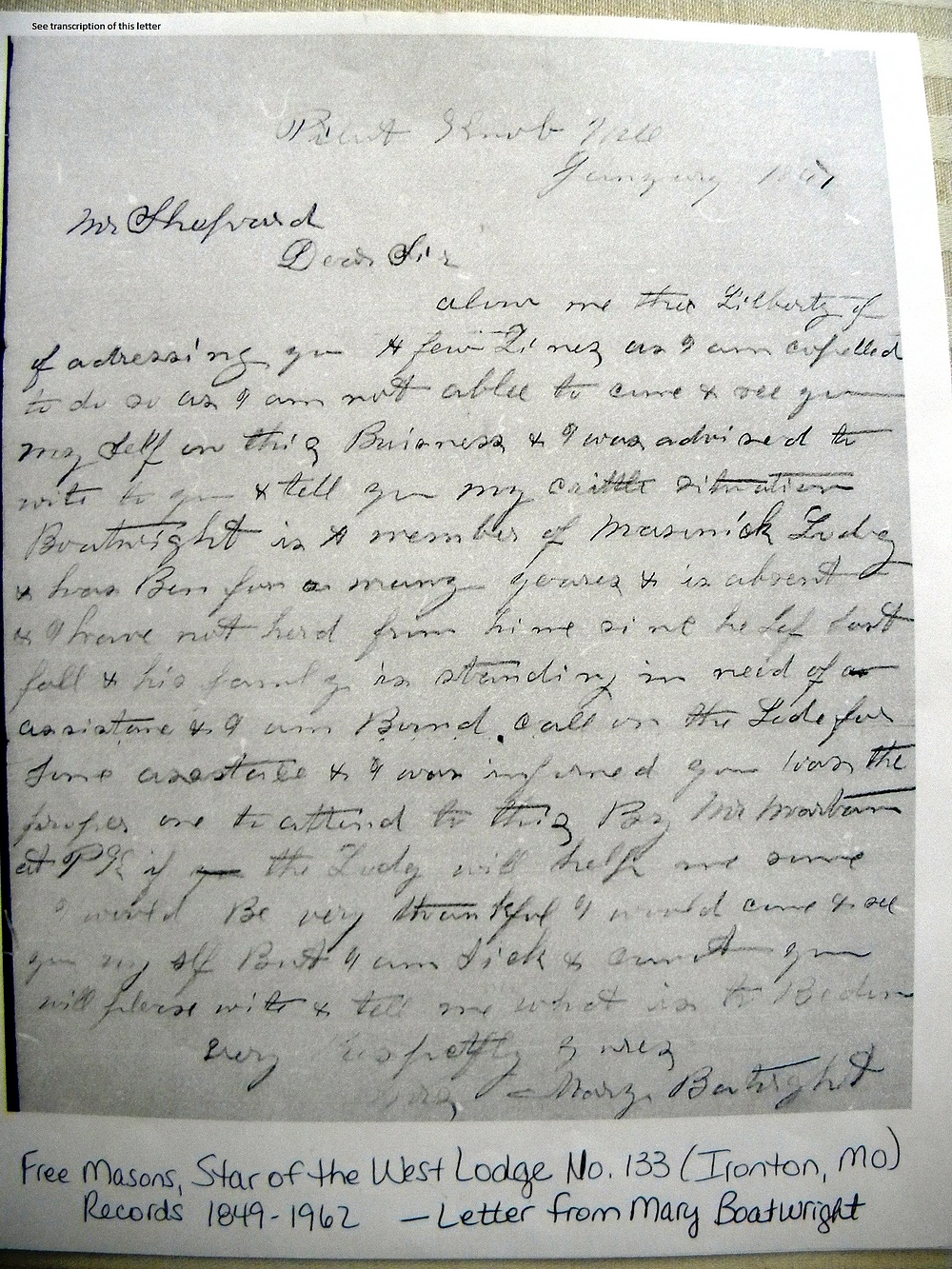 Mary Boatwright Letter to Masonic Lodge: