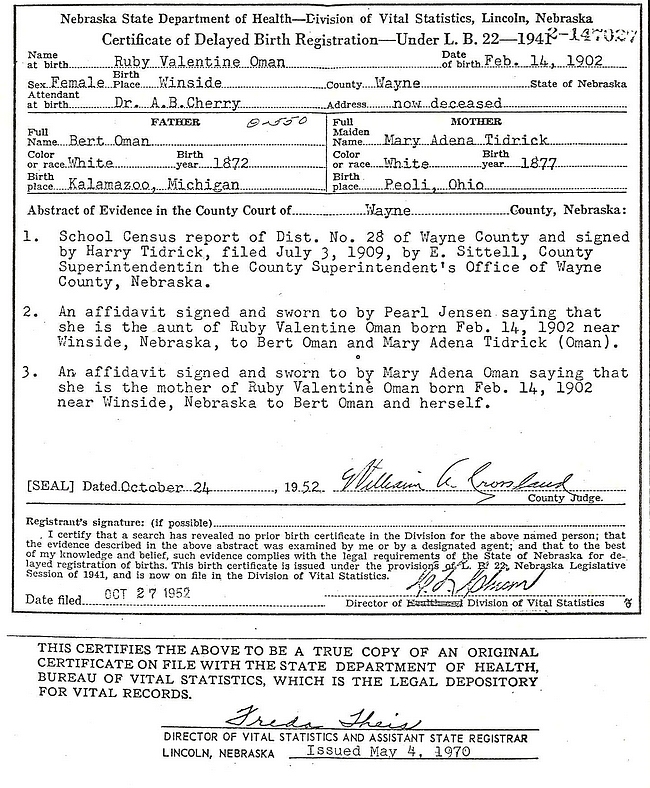 Ruby Valentine Oman Birth Certificate: