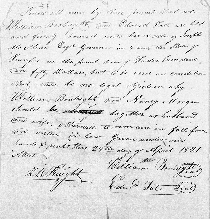 William Benjamin and Nancy Morgan Boatright Marriage Record: