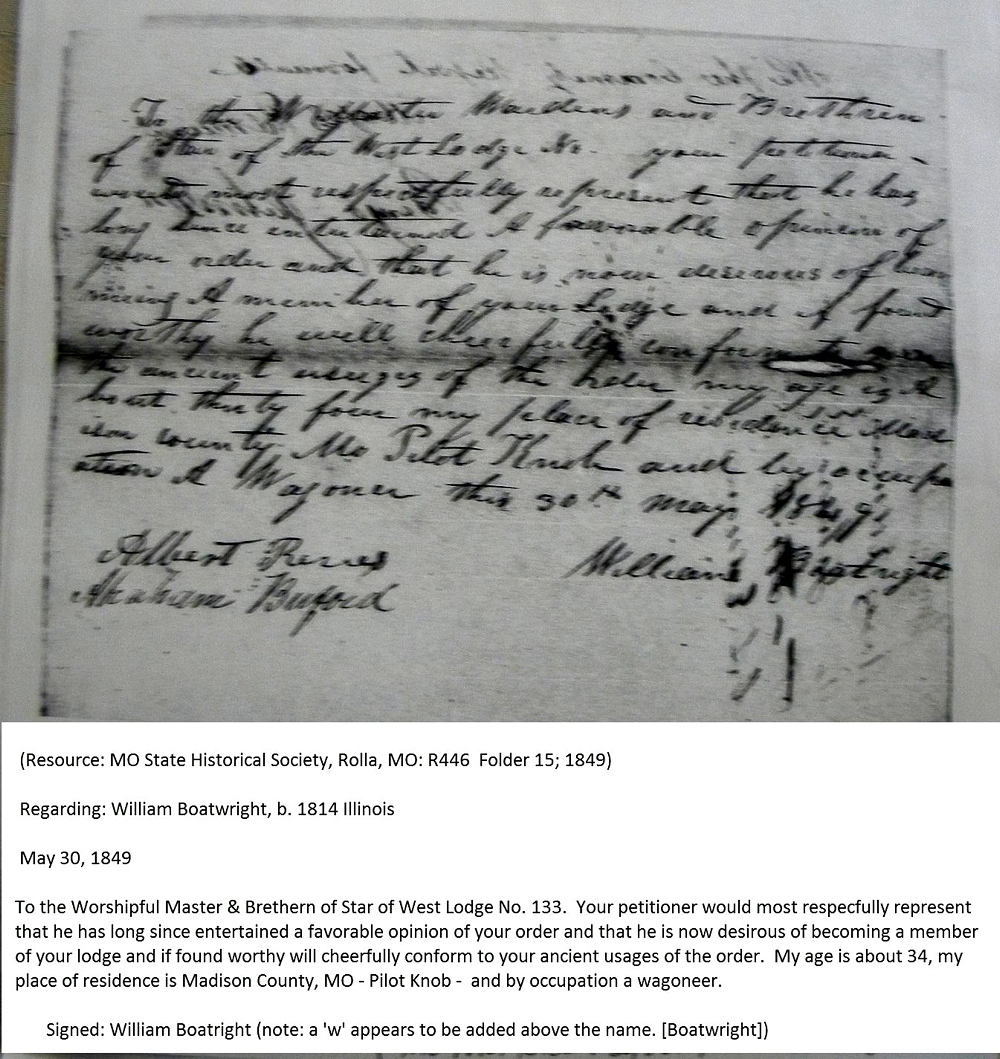 William Boatwright Star of the West Lodge Records - Application: