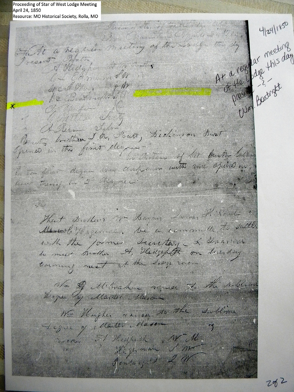 William Boatwright Star of the West Lodge Records - Meeting Attendance:
