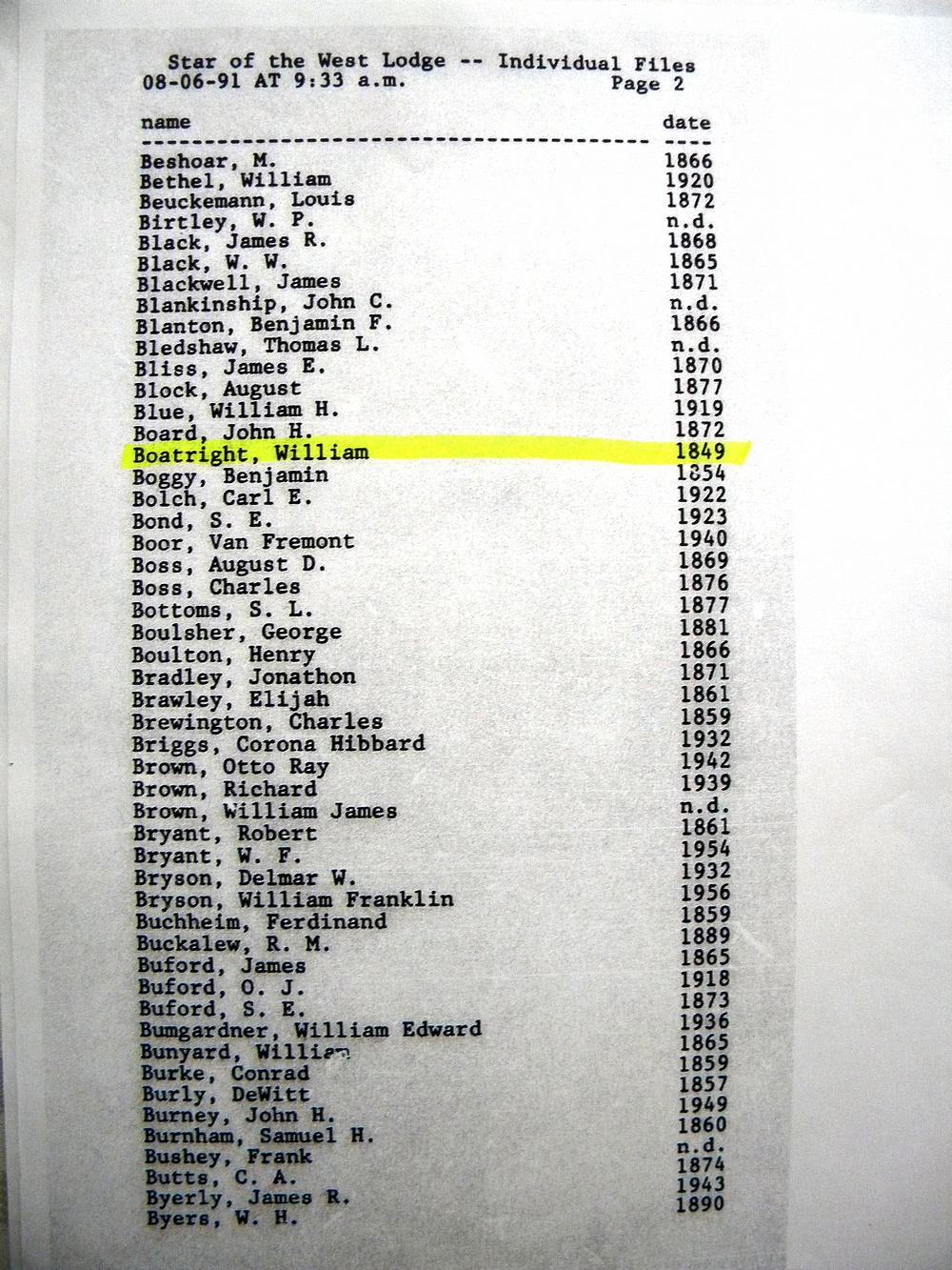 William Boatwright Star of the West Lodge Records - 1849 Index: