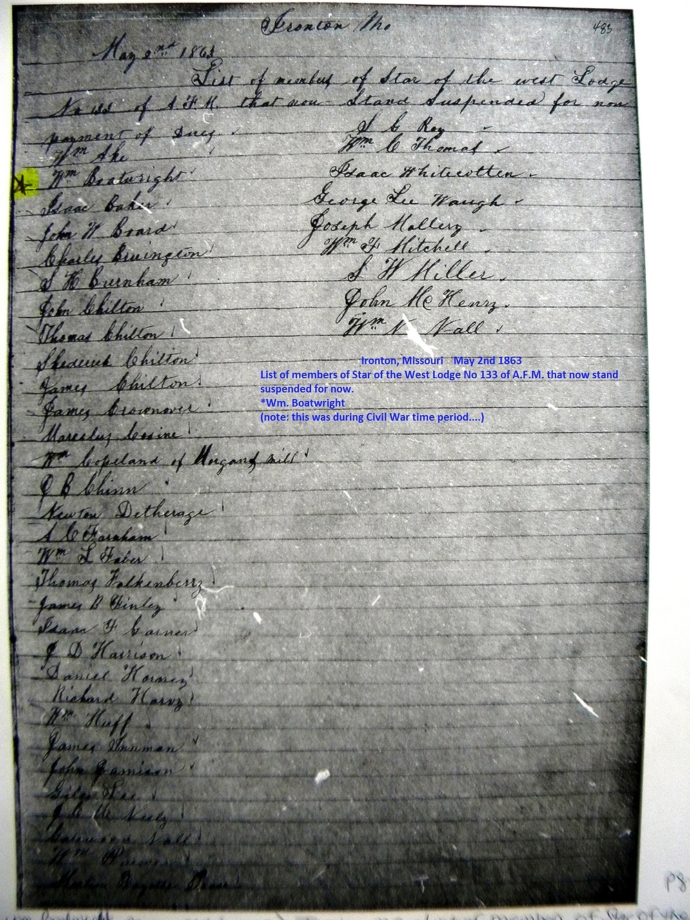 William Boatwright Star of the West Lodge Records - Membership Suspended May 1863: